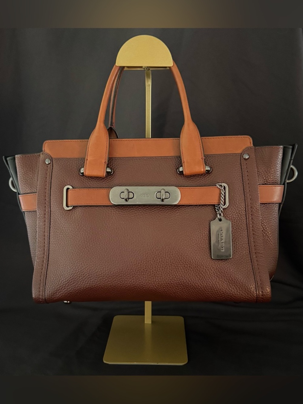 Coach Swagger 27 Satchel Colorblock Mahogany & Ginger Pebbled Leather